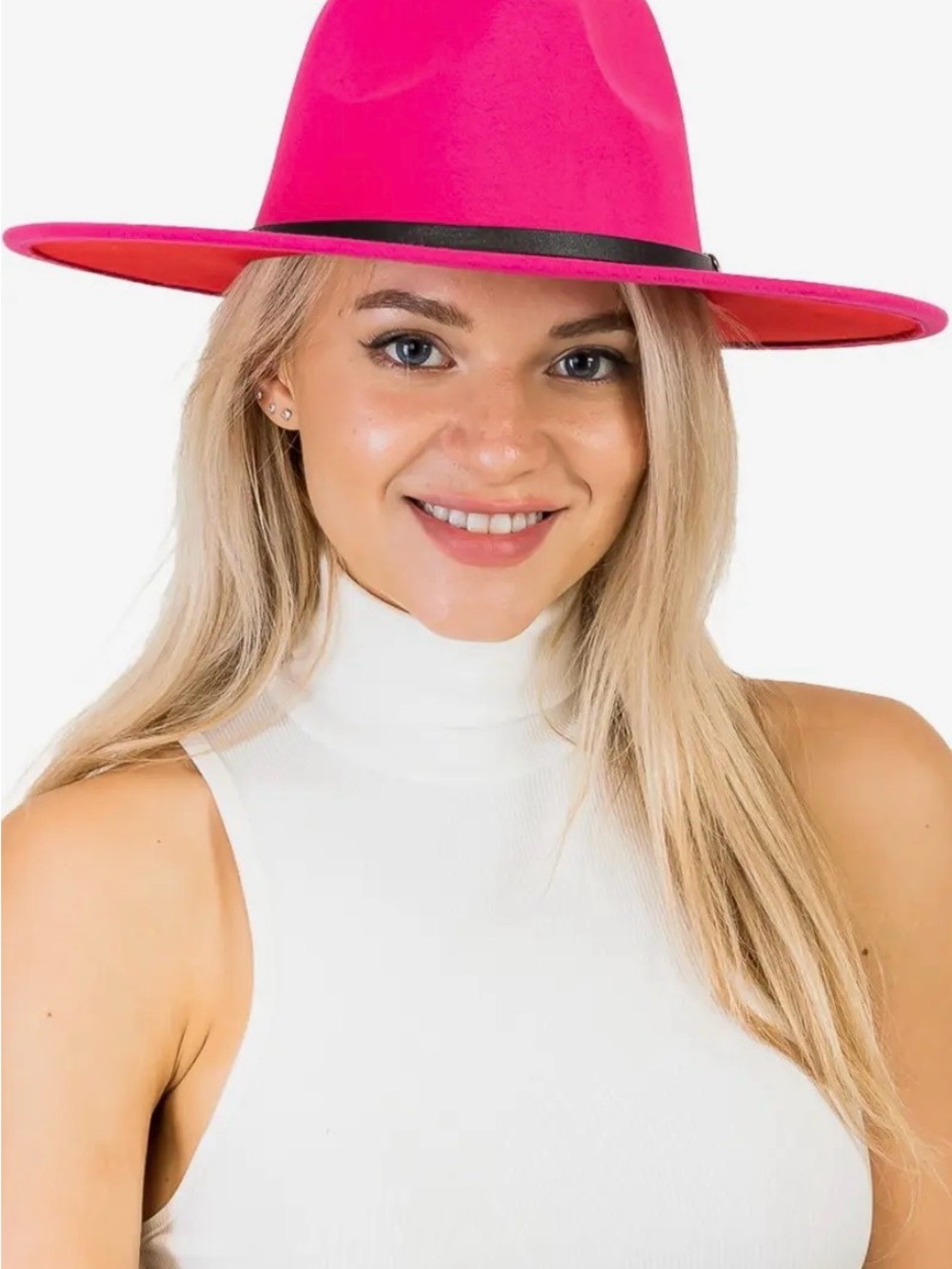 Premium Two Tone Pink Wide-Brim Fedora Hat With Belt. Women Accessories